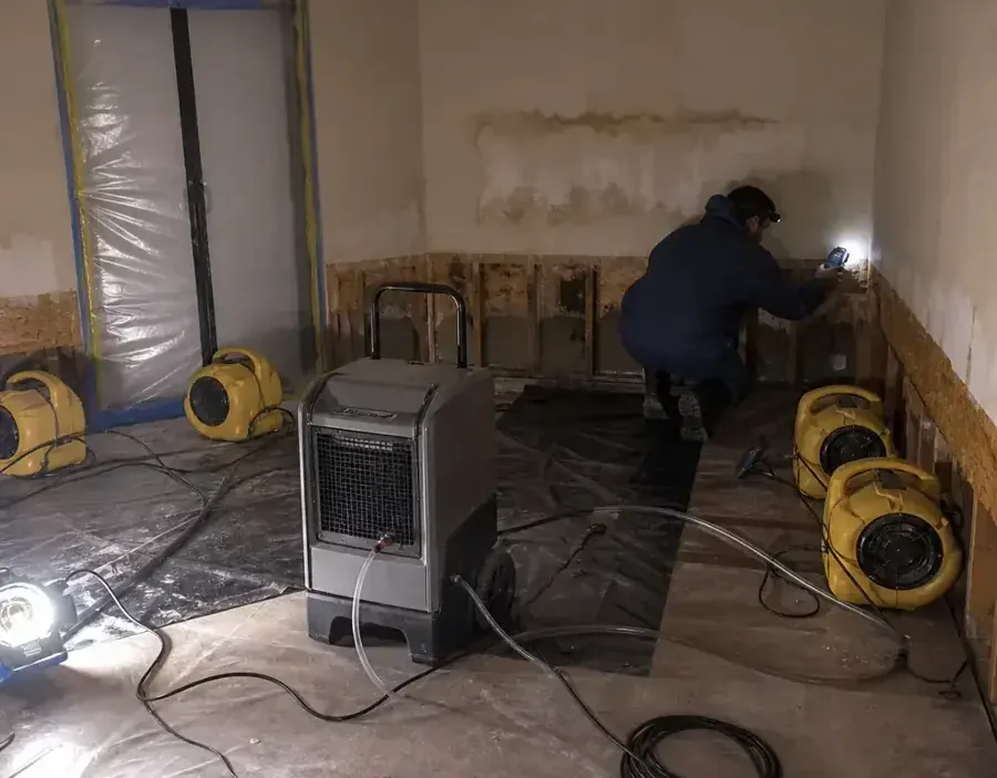 A technician checking a flood-cut wall next to a dehumidifier and air movers under plastic