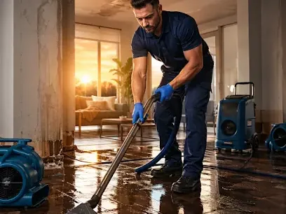 A restoration technician working an extraction tool across standing water inside a flooded home, the first step before structural drying begins