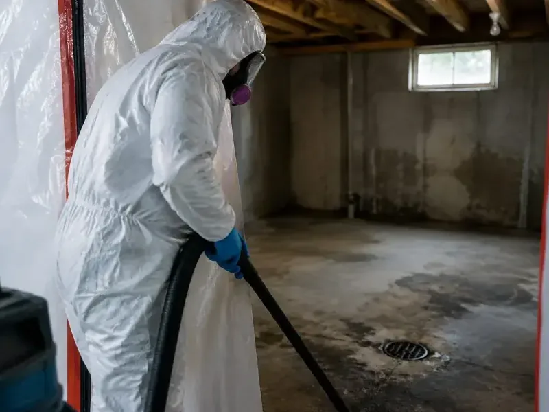 A technician in a full protective suit cleaning sewage around a floor drain